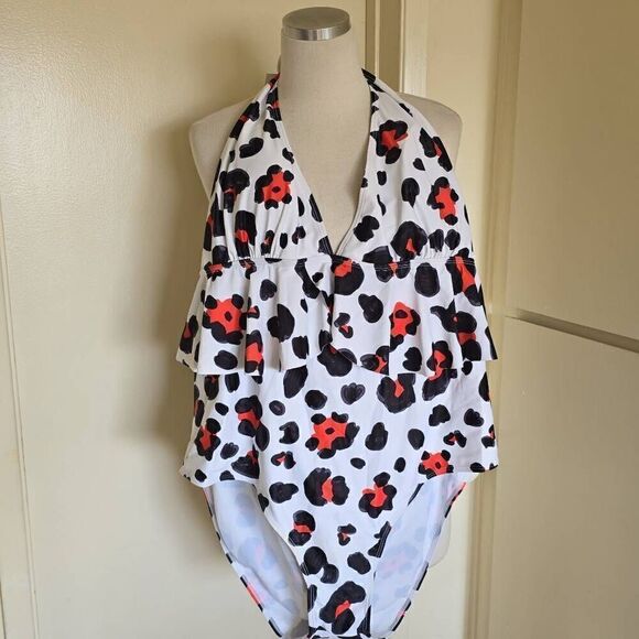 Rose gal Swimwear white,black,red leopard print halter back swimsuit with ruffle - Picture 1 of 6